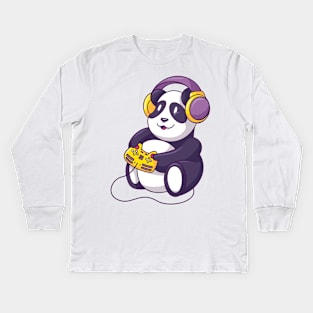 Cute Panda Playing Video Games - Funny Animals Kids Long Sleeve T-Shirt